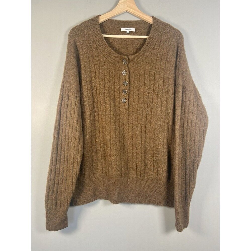 Madewell Bowden Henley Sweater Coziest Yarn Womens L Brown Wide-Ribbed Wool Cozy